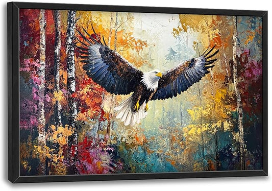 Extra Large Framed Bald Eagle Wall Art,Abstract Colorful Forest Wall Decor,Autumn Fall Forest Pictures for Living Room,Canvas Print Painting Modern Artwork Bedroom Office Home Decor 36L x 24W-PurrikoPets