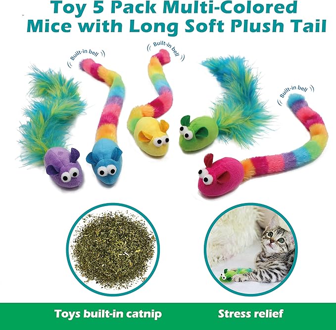 5 Pack Interactive Catnip and Feather Cat Toys, Multi-Colored Mice with Long Feather Tail, Accessories for Indoor Cat, Catnip Plush Toys with Natural Feathers and Rattles-PurrikoPets