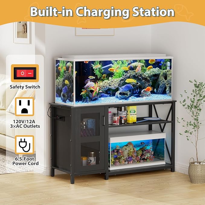 55-75 Gallon Fish Tank Stand , Aquarium Stand with Cabinet & Power Outlets for Fish Tank Accessories Storage, Heavy Duty Metal Terrarium Stand, 52" L*19" W Tabletop, 1200LBS Capacity, Black-PurrikoPets