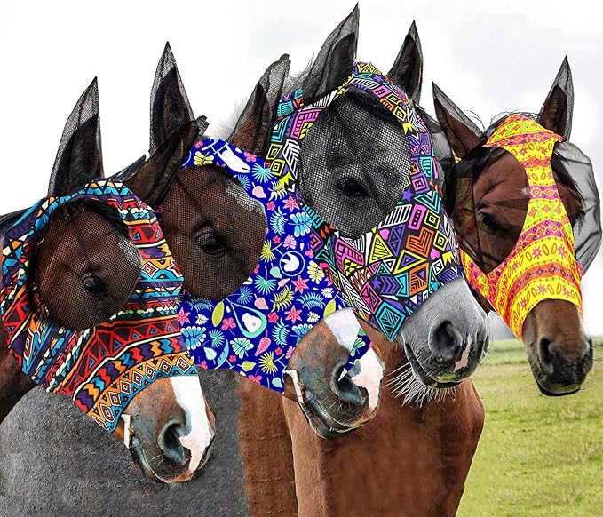 Frienda 4 Pieces Horse Fly Masks with Ears Face Covering UV Protection from Insect Pests Elasticity Smooth Comfortable Mesh Horse Mask Accessories(Geometric,Large)-PurrikoPets