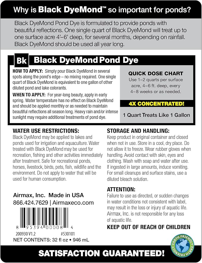 Airmax Black DyeMond Pond Dye 4X Concentrate for Outdoor Ponds & Lakes, Natural Pond Colorant & Beauty Enhancer, Block Ultraviolet Rays, Fish, Bird & Livestock Safe, Easy Liquid Application, 1 Quart-PurrikoPets