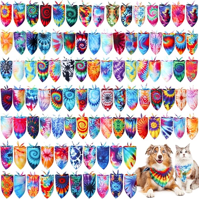 200 Pcs Dog Bandanas Bulk Pet Bibs Colorful Triangle Scarf Pet Bandanas for Medium Large Dogs Spring Summer Birthday Costume Decoration (Tie Dye)-PurrikoPets