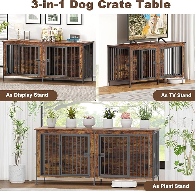 EasyCom 63" Dog Cage Furniture for 2 Pets with Divider, XL Wooden Double Dog Crate Furniture TV Stand for Mideum Breed, Durable and Sturdy-PurrikoPets