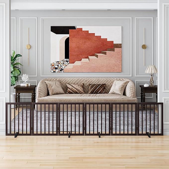 Dog Gates for The House Doorways Extra Wide 110 Inches Wood Freestanding Pet Gates for Dogs Indoor Fence with Support Stands-PurrikoPets