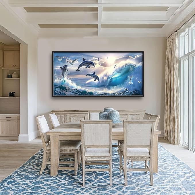 Dolphin Seagull Large Wall Art Sea Ocean Waves Sunrise Pictures Wall Decor Nautical Coastal Canvas Print Painting Artwork for Bathroom Living Room Bedroom 60L" x 30W"-PurrikoPets
