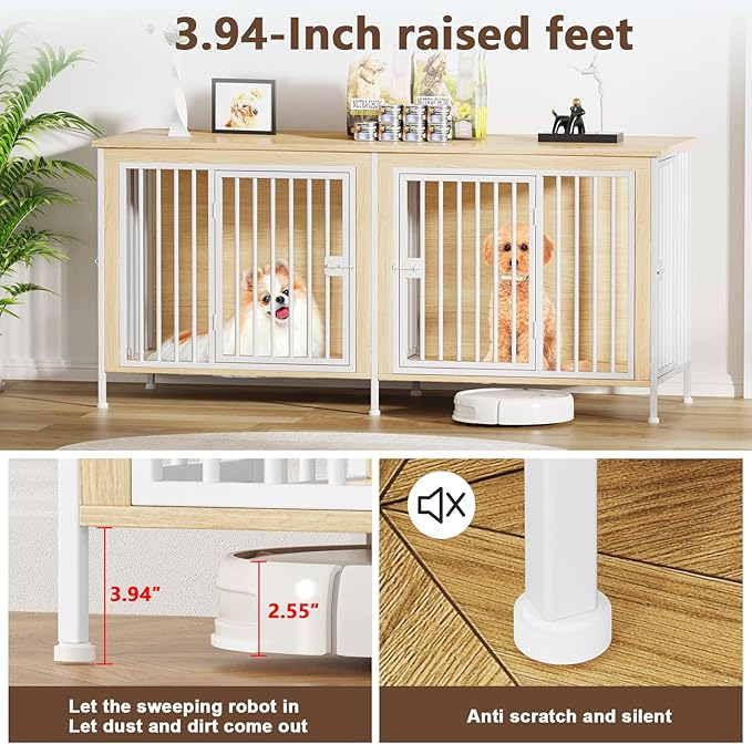 EasyCom 63" Dog Cage Furniture for 2 Pets with Divider, XL Wooden Double Dog Crate Furniture TV Stand for Mideum Breed, Durable and Sturdy-PurrikoPets