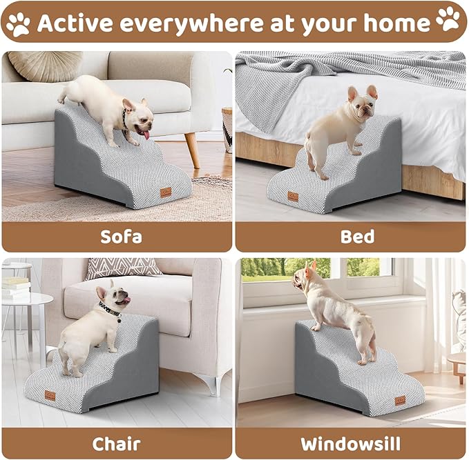 Dog Ramp and Stair for Bed 16" H-20 H,3-Step Cat Stair for Sofa and Chair,4-Step Dog Ramp for High Bed and Window,Durable Nonslip Fabric Cover for Indoor (Light Grey-16 H, Pet Friendly, 3)-PurrikoPets