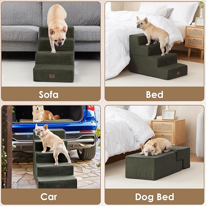 EHEYCIGA Dog Stairs for Bed 20" H, 4-Step Extra Wide Dog Steps for High Bed, Pet Steps for Small Dogs and Cats, Non-Slip Balanced Pet Ramp Indoor, Olive Green-PurrikoPets