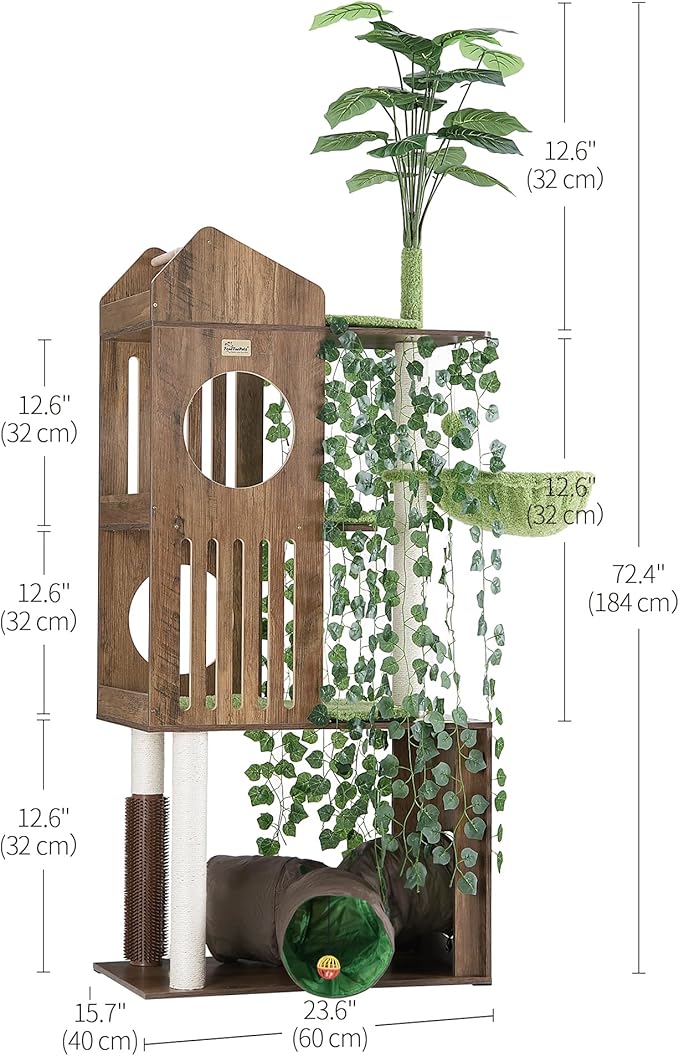 FourFurPets Large Cat Tree with Leaves, 72.8-Inch Cat Tower for Indoor Cats, Modern Cat Tree with Scratching Post, Large Perch, Tunnels, Swing Ball, Self Groomer, Greige-PurrikoPets