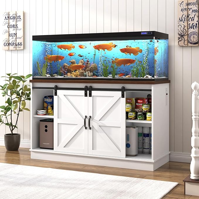 Farmhouse 55-75 Gallon Fish Tank Stand with Power Outlet, Aquarium Stand with Cabinet&Sliding Barn Door, Heavy Duty Reptile Tank Stand for 2 Fish Tank/Turtle Tank/Reptile Terrarium, White-PurrikoPets
