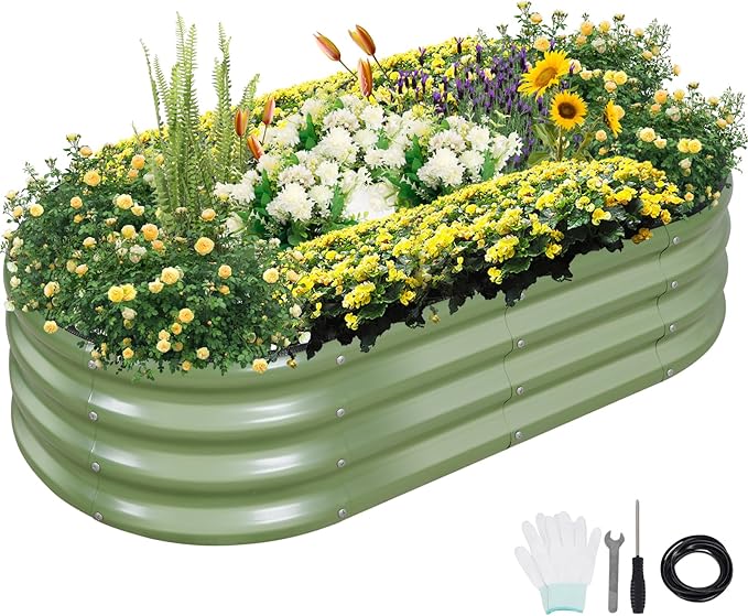 Galvanized Raised Garden Bed Outdoor- Raised Beds for Gardening| Metal Planter Box, Steel Raised Garden Bed Kit with Safety Edging and Gloves for Vegetables, Flower, Herbs (4x2x1FT, Green)-PurrikoPets