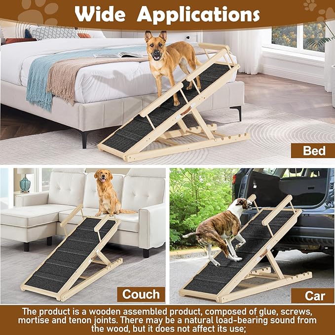 Dog Ramp for Couch, Bed or Car, Wooden 55" Long Pet Stairs for Small & Large Old Dogs & Cats, Hold up to 250lb, 6 Adjustable Height from 19.68" to 27.55" Portable Doggie Steps, Excellent Traction-PurrikoPets