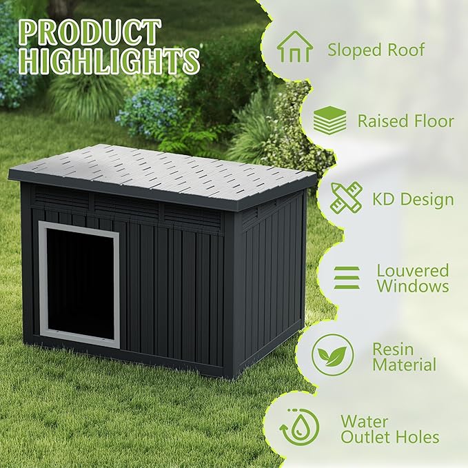Dog House Indoor Outdoor,Resin Waterproof Puppy Shelter with Air Vents and Elevated Floor,Air Rod on Top to Open,Dog Kennel for Small to Large Dogs(Black,42.87 * 32.95 * 31.61)-PurrikoPets
