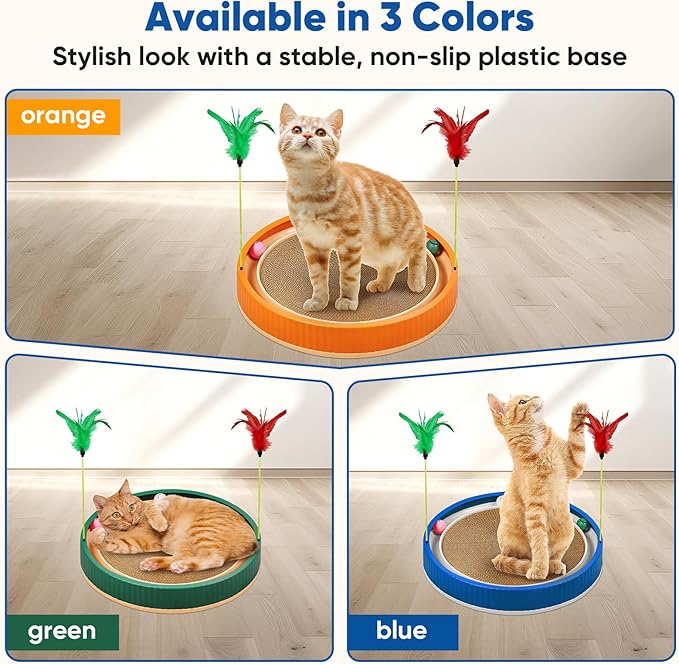 20-Inch Round Cat Scratcher with Ball Track – 3-in-1 Cardboard Scratching Pad with Feather Toy & Non-Slip Base – Interactive Cat Toy for Indoor Cats, Kittens & Large Cats (Blue)-PurrikoPets
