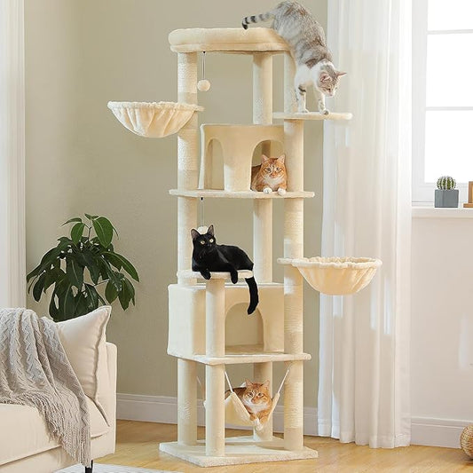 71.2" Tall Cat Tree for Indoor Cats - 9-Level Multi-Cat Tower w/5 Sisal Scratching Posts, 2 Condos, 3 Hammocks, Perch & Pom Poms - Heavy-Duty for Adult Cats, Space-Saving Plush Beige-PurrikoPets