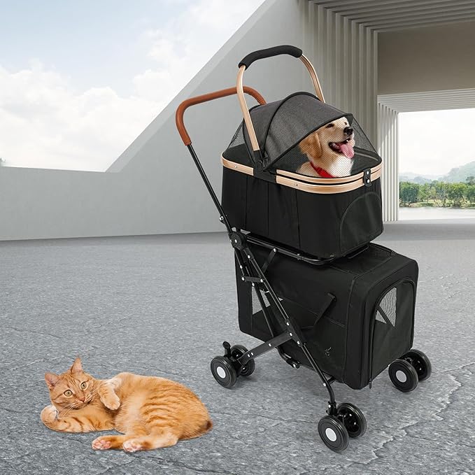 Double Pet Stroller for Dogs and Cats, Foldable Dog Stroller Travel Carriage with Detachable Carriers, Safety Belts, and 4 Lockable Wheels for Small to Medium Pets (Black)-PurrikoPets