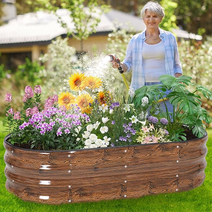 Galvanized Raised Garden Bed Outdoor - 4×2×1ft Planter Raised Beds for Gardening | Oval Metal Garden Planter Box with Safety Edging and Gloves for Vegetables Fruits and Flowers - Grain-PurrikoPets