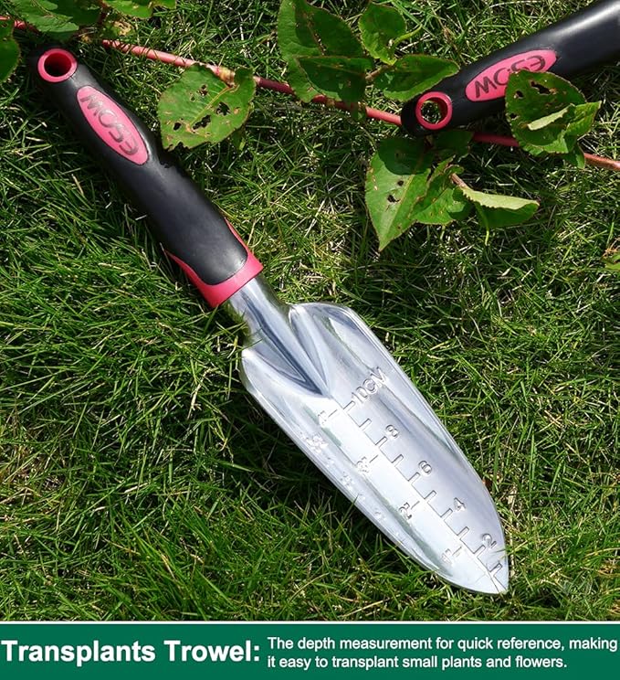 ESOW Garden Tool Set with Non-Slip Rubber Handle, 3 Piece Cast-Aluminum Heavy Duty Gardening Kit Includes Hand Trowel, Transplant Trowel and Cultivator Hand Rake, Red-PurrikoPets