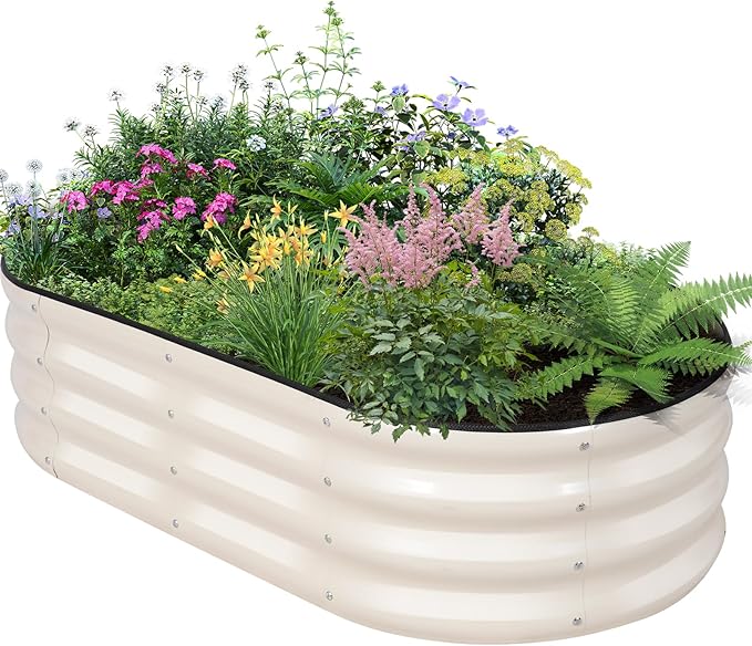 Galvanized Raised Garden Bed Outdoor - 4×2×1ft Planter Raised Beds for Gardening | Oval Metal Garden Planter Box with Safety Edging and Gloves for Vegetables Fruits and Flowers - White-PurrikoPets