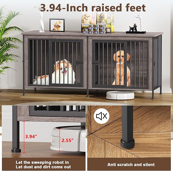 EasyCom 63" Dog Cage Furniture for 2 Pets with Divider, XL Wooden Double Dog Crate Furniture TV Stand for Mideum Breed, Durable and Sturdy-PurrikoPets