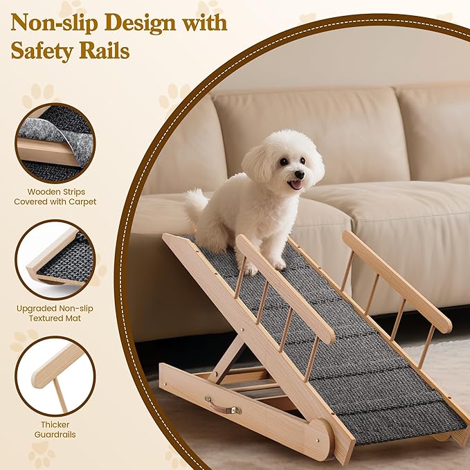Dog Ramp for Bed, 47" Long Non-Slip Portable Pet Ramp for Small Large Dogs, Wooden Adjustable Dog Ramps for Bed, Couch, Car -Non Slip Carpet Surface and Foot Pads, Height from 12" to 24", Up to 200LBS-PurrikoPets