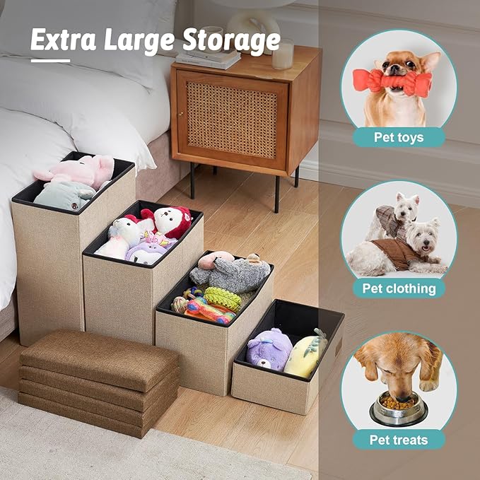 Dog Stairs with Storage, 4-Step Wider Sturdy Dog Steps for Small/Medium/Large Dogs and Older Cats, Folding Doggie Ramp for Bed/Couch/Car Hold Up to 180 lbs (22" H, Brown)-PurrikoPets