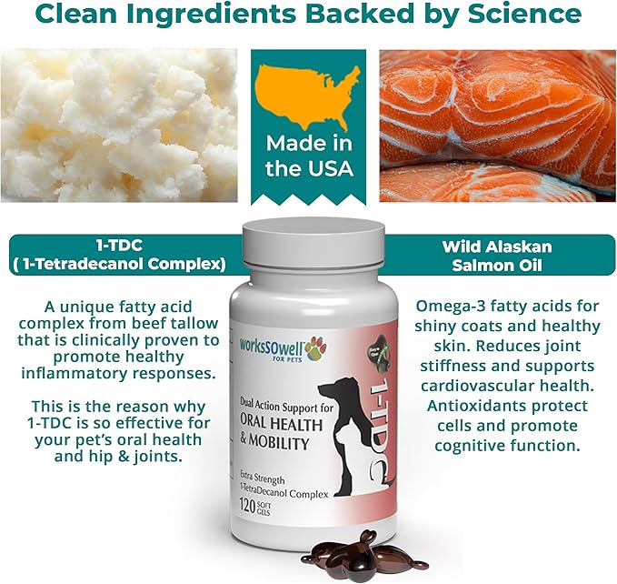 1TDC WorksSoWell Dual Action Joint Supplement for Dogs & Cats - Hip and Joint Supplement for Large Breed & Small Breed - Also Great for Oral Health - Muscle & Stamina Recovery & Arthritis - 120ct-PurrikoPets