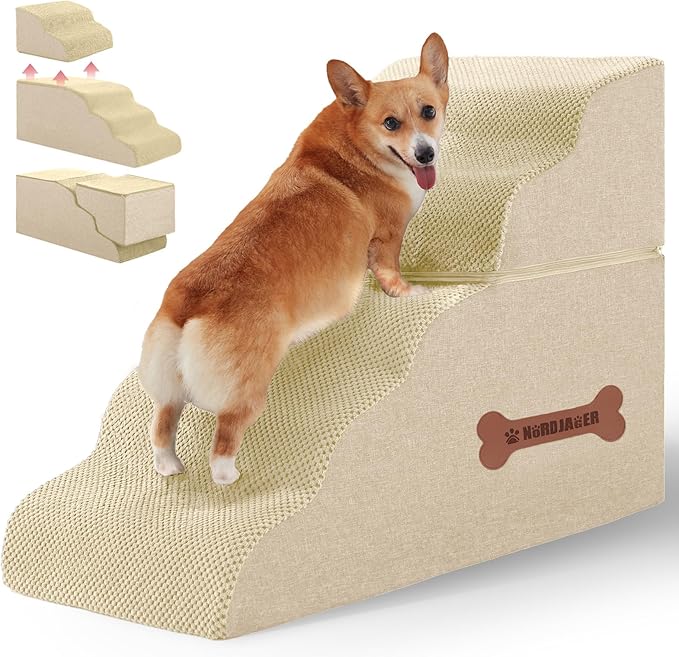 5-Step Spliceable Pet Stairs: Indoor& Outdoor Multi-Use with a Removable Cover and a Pocket, Best for Small Pets and Older Dogs Who Has Spine and Arthritis Issues to Get on High Beds, Beige（22.8" H）-PurrikoPets