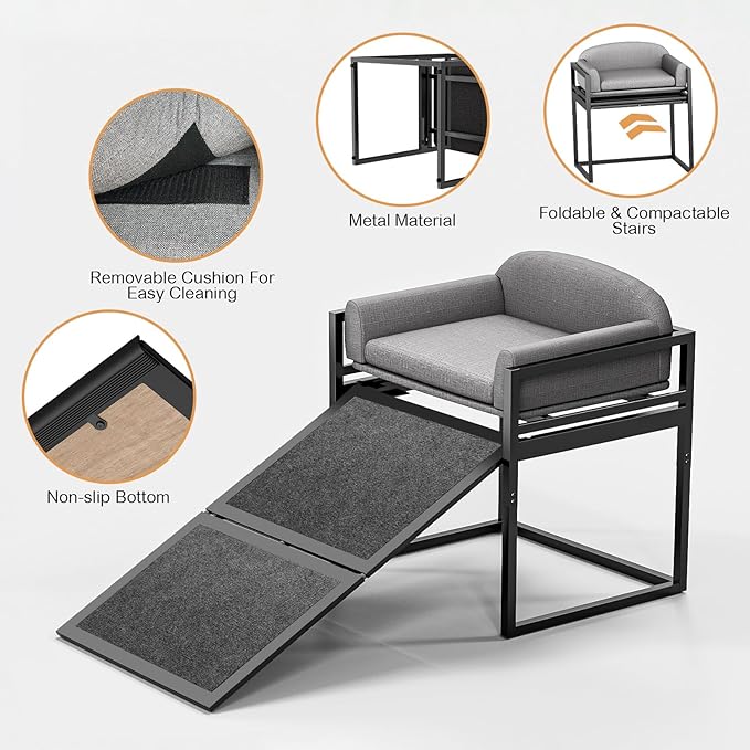 Dog Ramp Doggie Stairs with Seat Mate,Puppy Chair Get on High Bed Couch Office Window Perch,Non Slip Dachshunds Foldable Ladder,Pet Doggy Step for Small Old Dogs,Chihuahua Cat Platform Grey-PurrikoPets