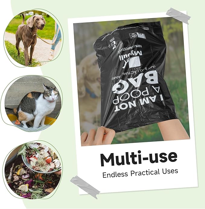 100% Certified Compostable Dog Poop Bag Rolls, 120 Bags (8 Rolls) Eco-Friendly Poop Bags for Dogs, Leak Proof Unscented Easy Open Poop Waste Bag（Black）-PurrikoPets