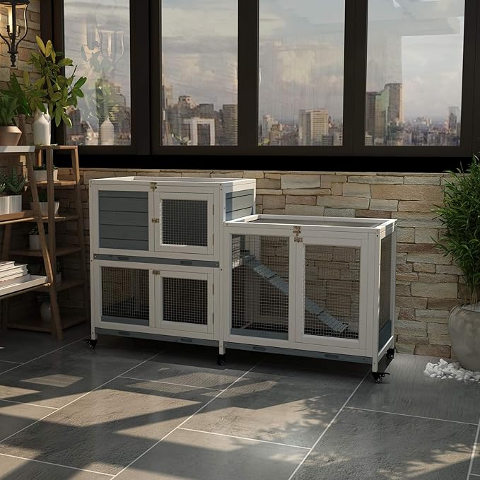 GDLF Two Floors 58" Wooden Indoor Bunny Hutch Rabbit Cage on Wheels Guinea Pig PET House for Small to Medium Animals Waterproof No Leak Tray-PurrikoPets