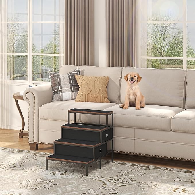 Dog Window Perch with 360° & Adjustable Raised Feeder, Pet Bunk Bed with Removable Stair and 2 Drawers, Elevated Platform Bed, Pet Elevated Seat with Cushion, Paw-Friendly Ladder-PurrikoPets