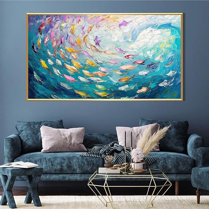 Fish Canvas Wall Art, Abstract School of Fish Canvas Wall Art, School of Fish Painting Canvas, School of Fish Wall Art, Fish Wall Decor, Fish Pictures Wall Decor, Bedroom Canvas Wall Decor (Black Framed, 48"x27" | 122x68cm)-PurrikoPets