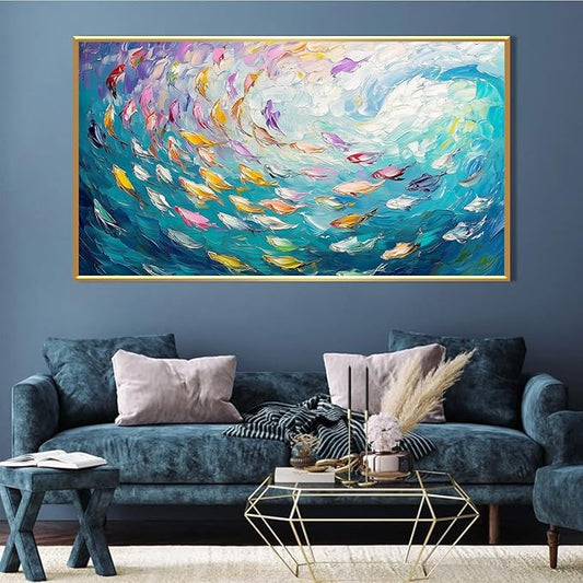 Fish Canvas Wall Art, Abstract School of Fish Canvas Wall Art, School of Fish Painting Canvas, School of Fish Wall Art, Fish Wall Decor, Fish Pictures Wall Decor, Bedroom Canvas Wall Decor (Gold Framed, 36"x20" | 92x52cm)-PurrikoPets