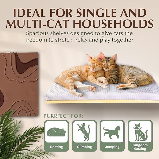 Extra Large 23.6”x12.6” CALLICO HAVEN- Stylish Cat Wall Shelves with Cushion, Modern Wall-Mounted Cat Tree Furniture, Window Cat Shelf & Perch, Sturdy/Hidden Mounts, Washable Cover - Flat Shape-PurrikoPets