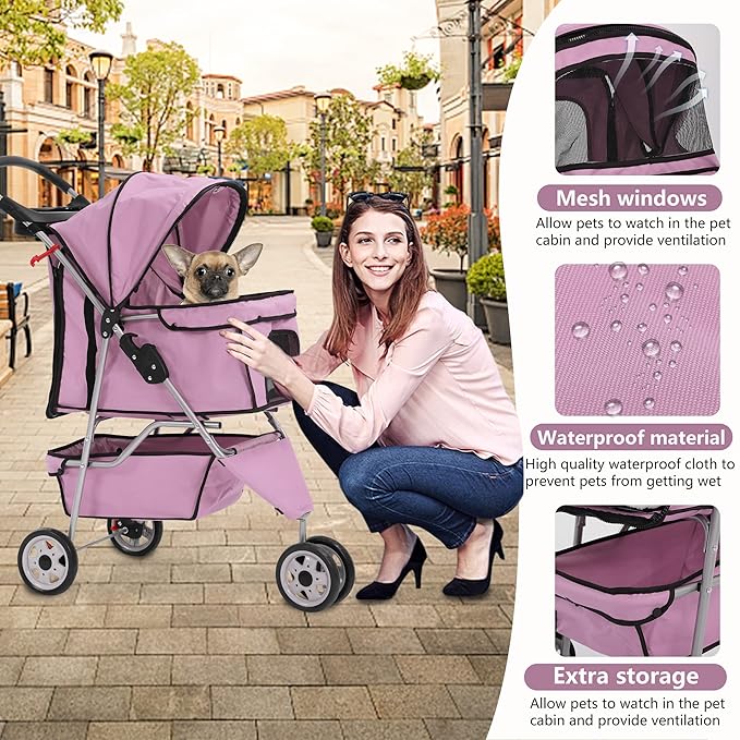 Dog Stroller,3 Wheels Travel Folding Pet Stroller for Small Medium Dog Cat Jogger Stroller with Storage Basket Removable Liner Pink-PurrikoPets