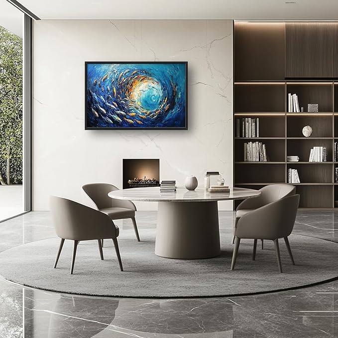 Extra Large Framed Abstract Ocean Fish Wall Art,Oversized Blue Sea Nautical Fish Wall Decor Pictures for Living Room,Canvas Print Painting Modern Artwork Bedroom Office Bathroom Home Decor 36L x24W-PurrikoPets