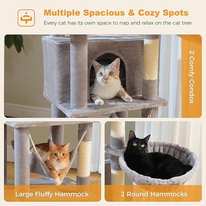 71.2" Tall Cat Tree for Indoor Cats - 9-Level Multi-Cat Tower w/5 Sisal Scratching Posts, 2 Condos, 3 Hammocks, Perch & Pom Poms - Heavy-Duty for Adult Cats, Space-Saving Plush Gray-PurrikoPets