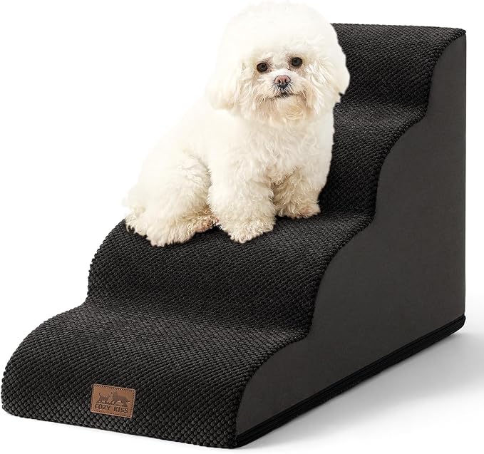 Dog Stairs for Small Dogs 19.7" H, Curved Dog Step for Puppy, Older or Cat, Medium Pet Ramp for Sofa, Couch or Bed, Ladder with High Density Foam, 15.7x28.3x19.7 inch, 4 Step, Black-PurrikoPets