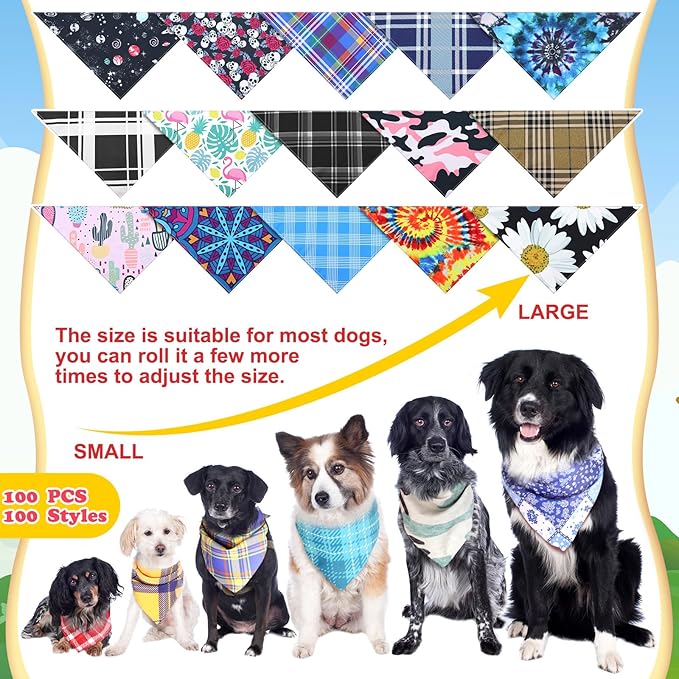 100 Pcs Dog Bandanas Bulk Pet Bibs Colorful Triangle Scarf Pet Bandanas for Medium Large Dogs Spring Summer Birthday Costume Decoration (Plaid)-PurrikoPets