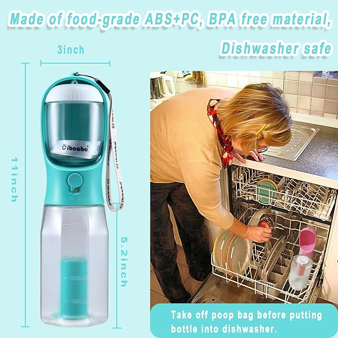 Dog Water Bottle with Food Container & Poop Bag Holder, Travel Water Bowl, Portable Pet Dispenser, Dog Stuff Accessories Items, Puppy Essentials Necessities for Yorkie Chihuahua Walking Hiking-PurrikoPets