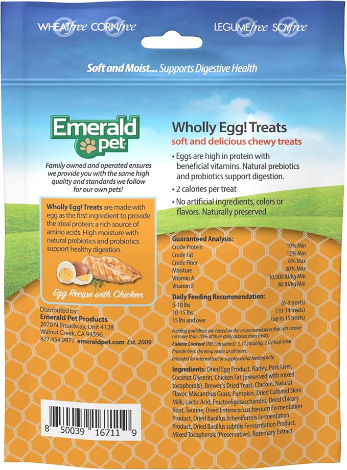 Emerald Pet Wholly Egg Digestive Health Cat Treats - Soft and Moist cat Treats for Healthy Digestion - Natural Prebiotics and Probiotics for cat Digestion - Chicken Treats, 2.5 oz-PurrikoPets