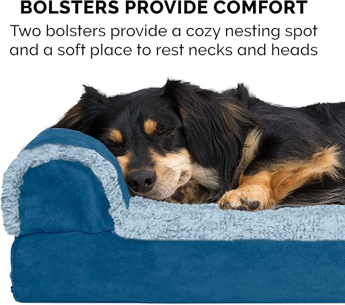 Furhaven Cooling Gel Dog Bed for Large Dogs w/ Removable Bolsters & Washable Cover, For Dogs Up to 95 lbs - Two-Tone Plush Faux Fur & Suede L Shaped Chaise - Marine Blue, Jumbo/XL-PurrikoPets
