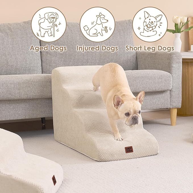 EHEYCIGA Curved Dog Stairs Ramp for High Beds 19.7" H, 4-Step Dog Steps for Small Dogs and Cats, Pet Stairs for High Bed Climbing, Non-Slip Balanced Pet Step Indoor, Beige-PurrikoPets