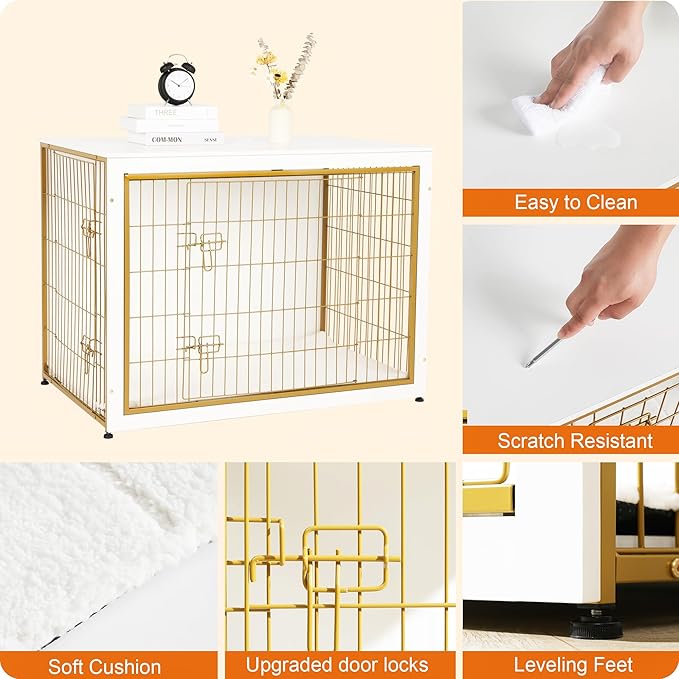 DWANTON Dog Crate Furniture with Cushion, Wooden Kennel Table with Double Doors, Indoor Dog House, Extra Large Size, 43.3" L, White+Gold-PurrikoPets