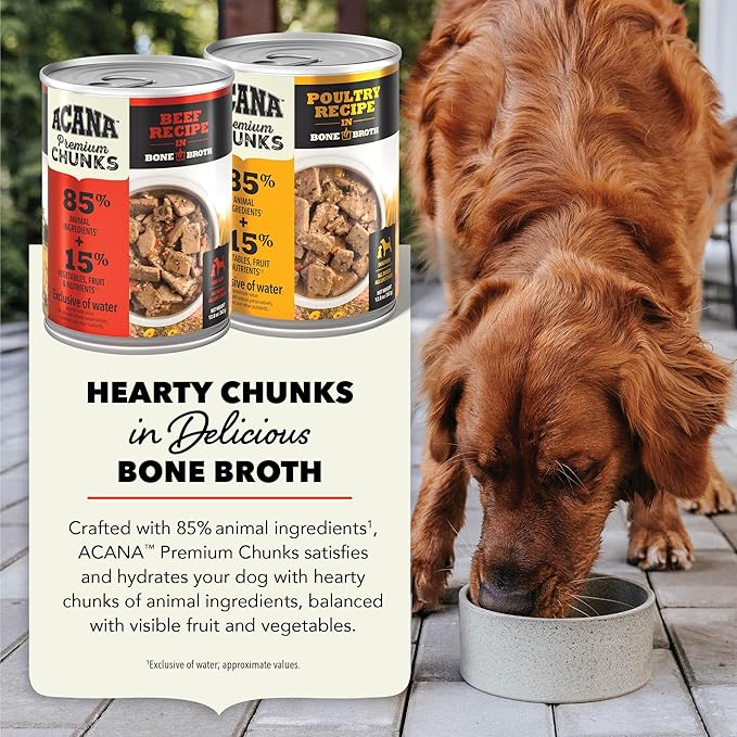 ACANA Premium Chunks in Bone Broth Grain-Free Wet Dog Food Variety Pack: Beef + Poultry Recipes 12.8oz Cans (6 Count, 3 of Each)-PurrikoPets