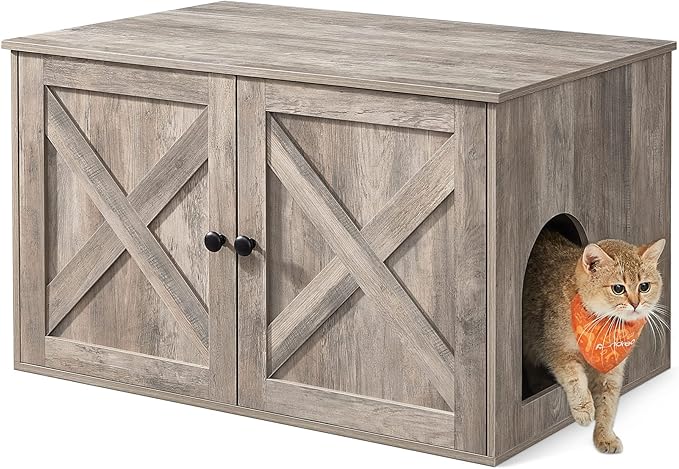 Feandrea Cat Litter Box Enclosure, Litter Box Furniture Hidden with Removable Divider, Indoor Cat House, End Table, 31.5 x 20.9 x 19.7 Inches, Greige UPCL002G01-PurrikoPets