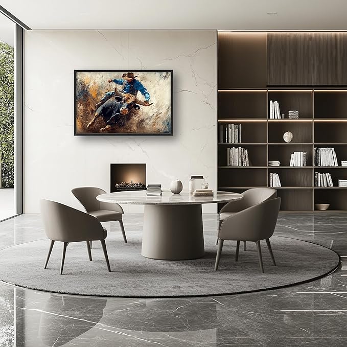 Framed Large Western Cowboy Wall Art, Oversized Rustic Cow Wall Decor for Living Room, Dusty Canvas Painting Pictures Vintage Artwork Home Decoration for Living Room Bedroom Office 36"x24"-PurrikoPets