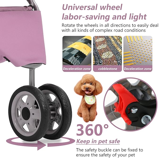 Dog Stroller,3 Wheels Travel Folding Pet Stroller for Small Medium Dog Cat Jogger Stroller with Storage Basket Removable Liner Pink-PurrikoPets