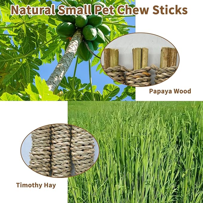 Fhiny 12 PCS Rabbit Chew Sticks, Natural Papaya Wood Seagrass Guinea Pig Chew Toys for Teeth Small Animal Molar Sticks Snacks for Bunny Guinea Pig Chinchilla Ferret Hamster Gerbil Dental Care-PurrikoPets